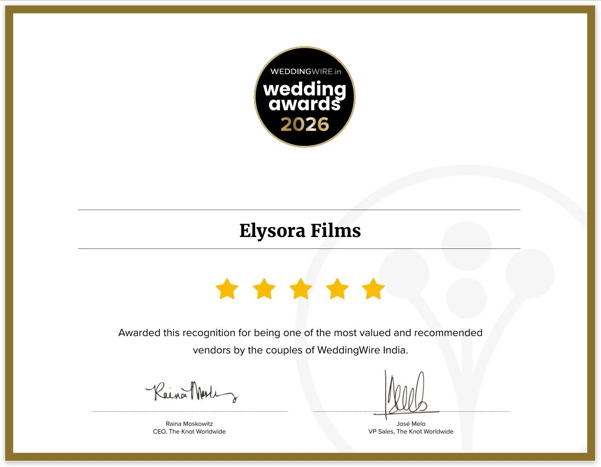 WeddingWire India Wedding Awards 2026 — Elysora Films Certificate